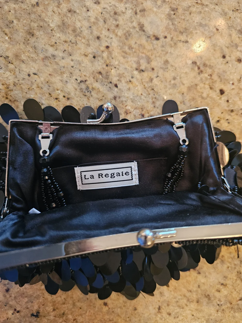 La Regale Black Sequin Frame Clutch